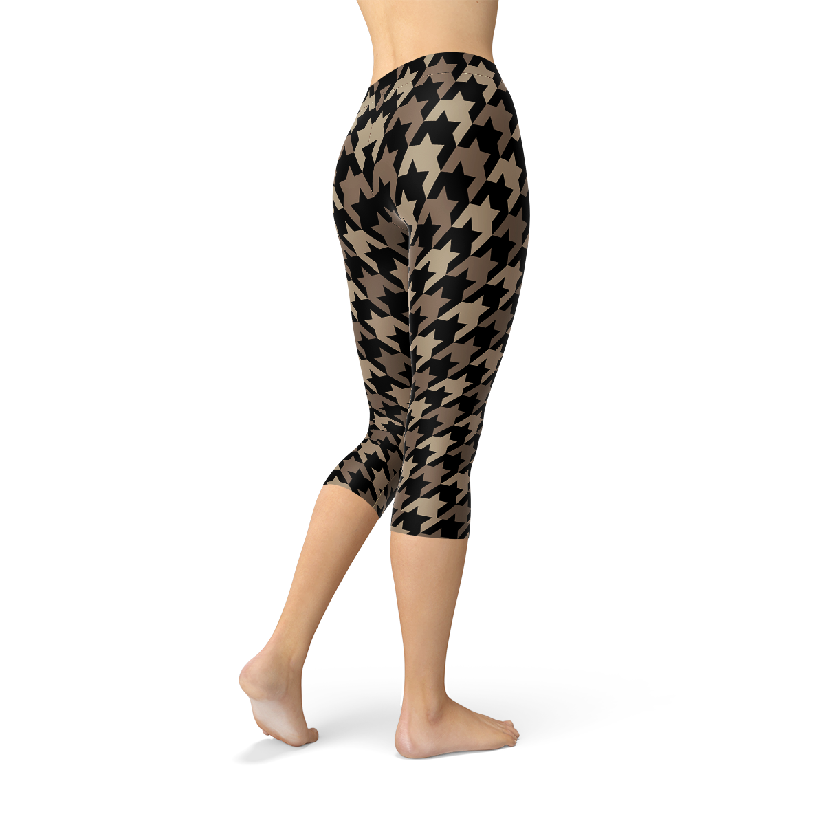 Womens Beige Brown Houndstooth Capri Leggings