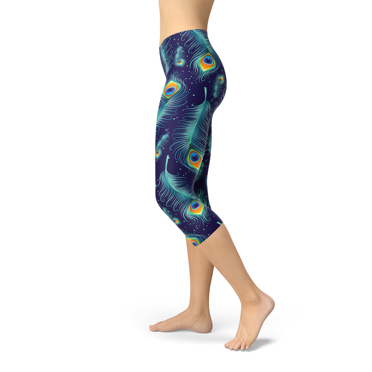 Blue Peacock Feathers Capri Leggings