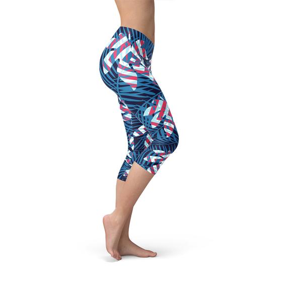 Blue Tropical Leaf Capri Leggings for Women